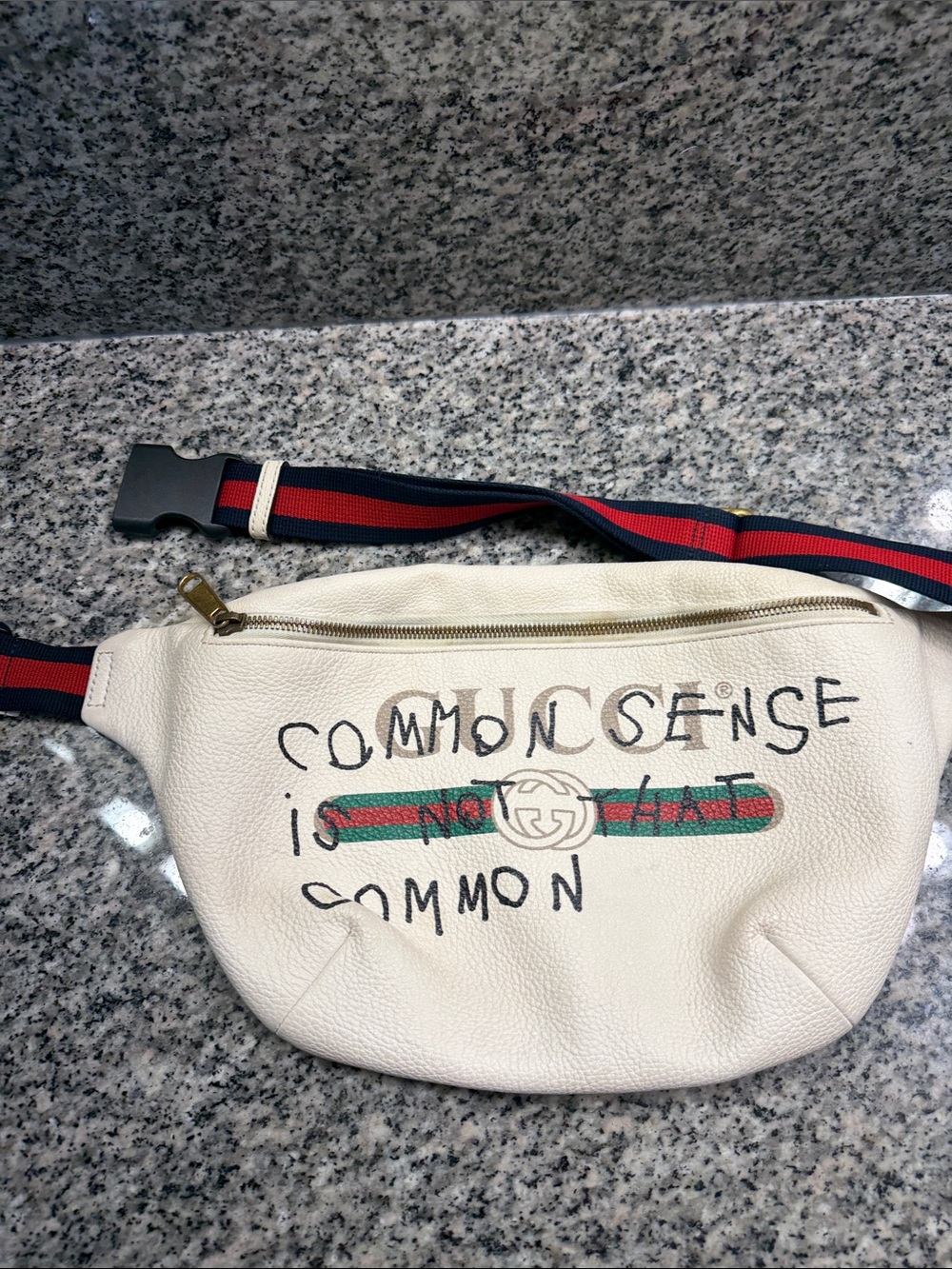 Gucci White Leather Belt Bag with Green and Red Web Stripe and Navy-Red Strap